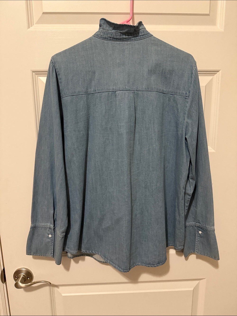 Light Blue Denim Ruffle-Front Button-Down Shirt - Picture 3 of 4